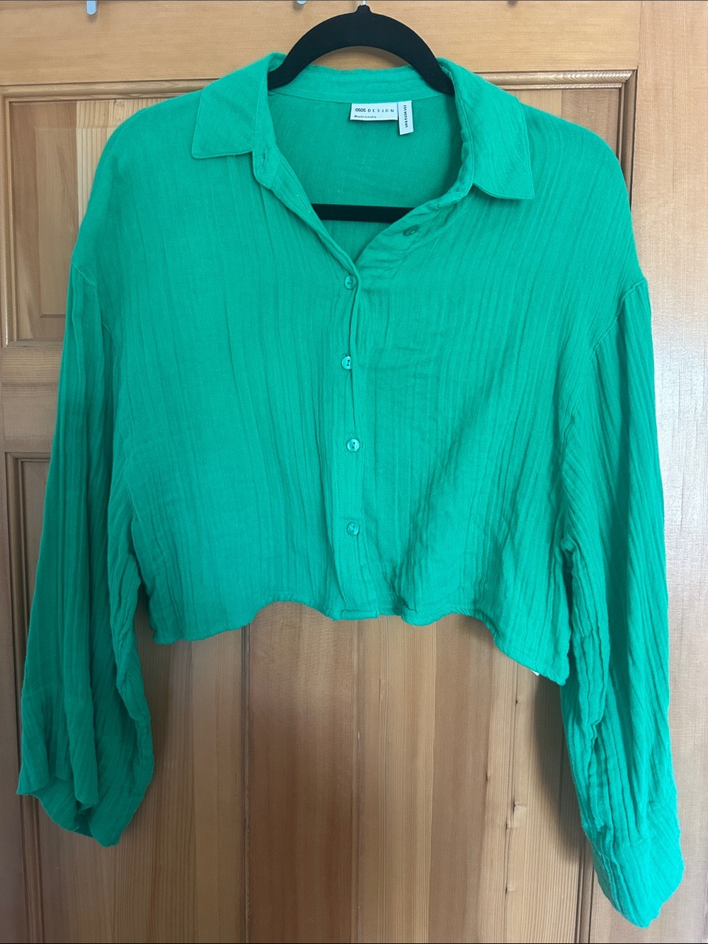 ASOS Design green crinkle cotton crop top‎ button-down shirt